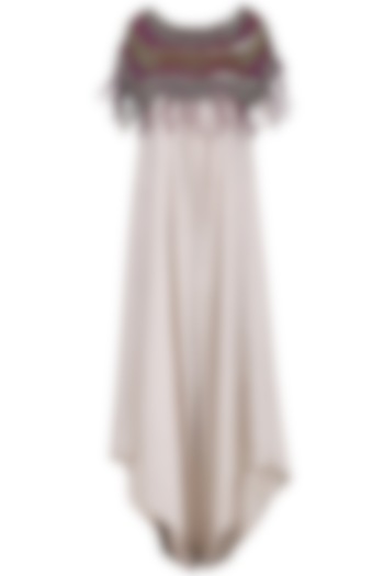 Beige Jumpsuit with Purple Embroidered Capelet by Nandita Thirani