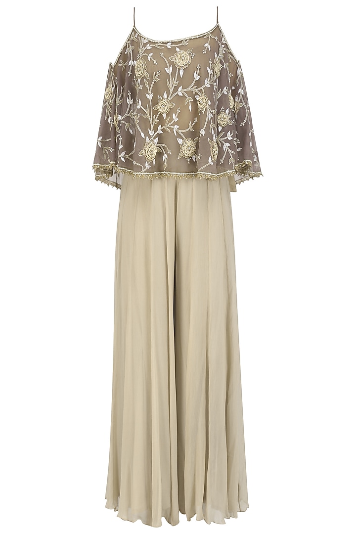 Beige Off Shoulder Embroidered Cape Top with Sharara Pants Set by Nandita Thirani