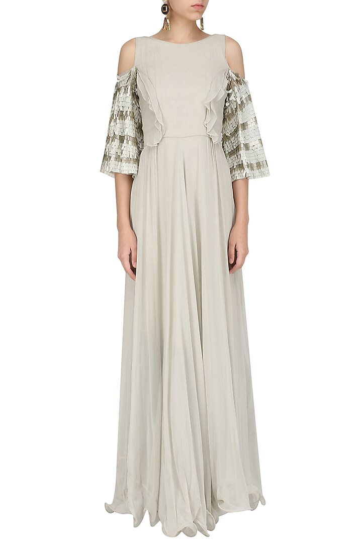 Grey cold shoulder embroidered gown available only at Pernia's Pop Up Shop.