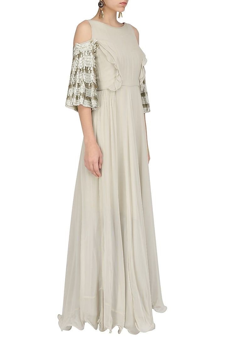 Grey cold shoulder embroidered gown available only at Pernia's Pop Up Shop.