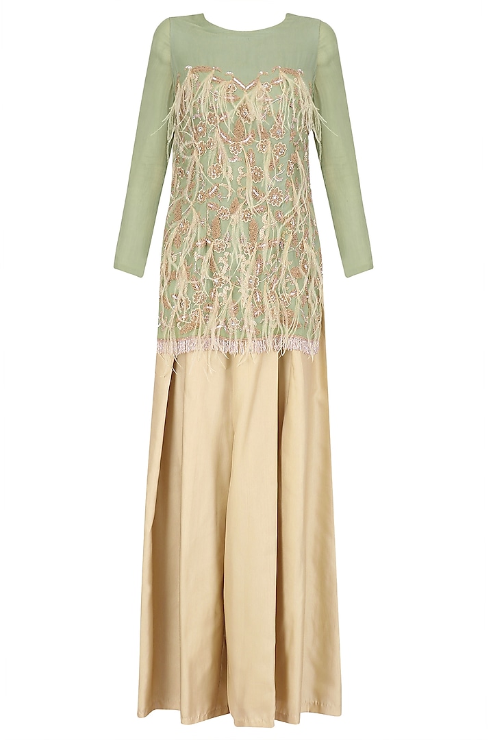 Nile Green Embroidered Tunic with Beige Wide Legged Pants Set by Nandita Thirani