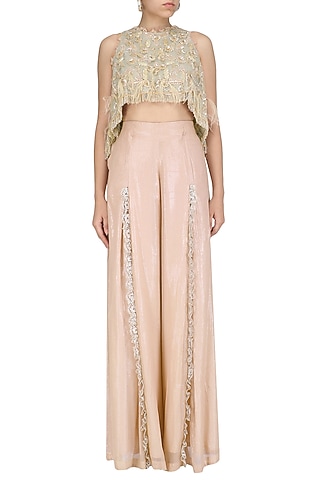 Powder Blue High Low Embroidered Crop Top with Wide Legged Pants Set by Nandita Thirani