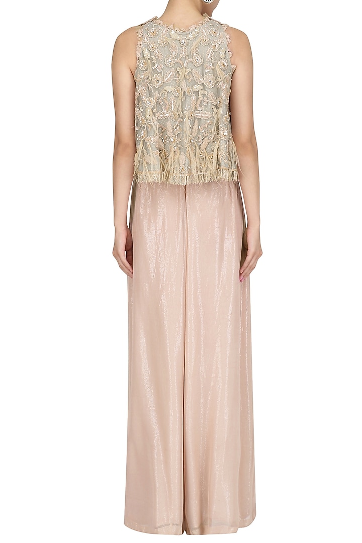 Powder blue high low embroidered crop top with wide legged pants set available only at Pernia's Pop Up Shop.