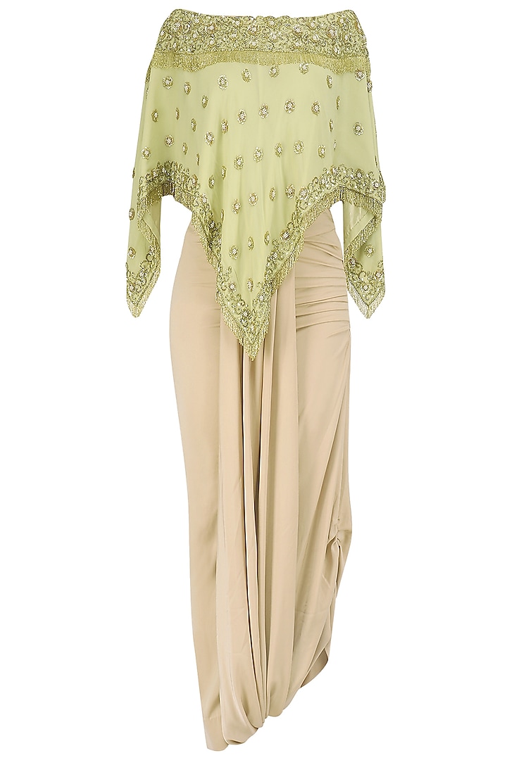 Mellow Green Off Shoulder Embroidered Top with Asymmetrical Skirt by Nandita Thirani
