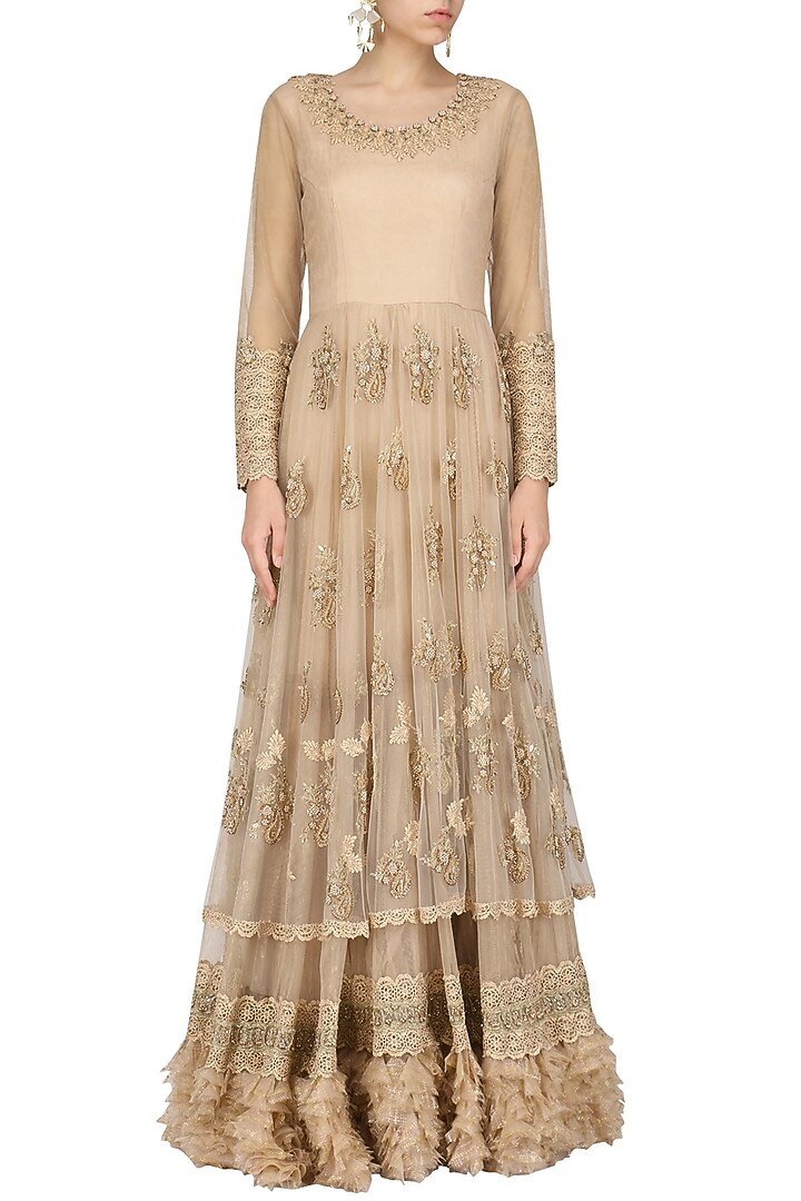 Dusky rose multilayered embroidered anarkali available only at Pernia's Pop Up Shop.