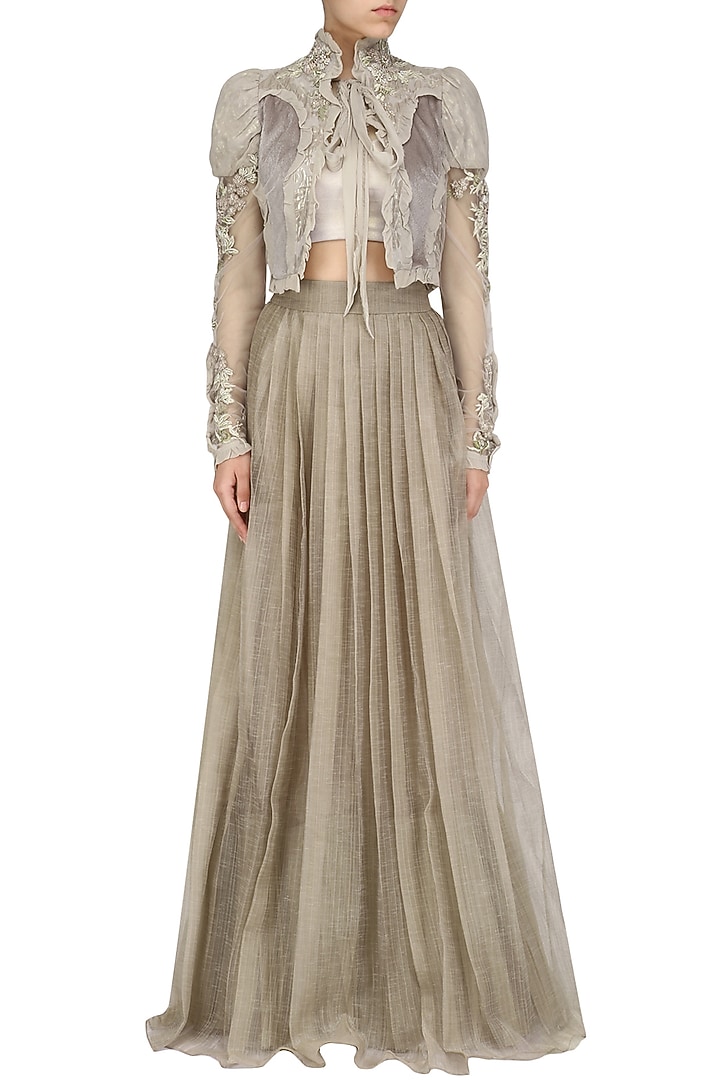 Dusky beige ruffled jacket with blouse and skirt set available only at Pernia's Pop Up Shop.