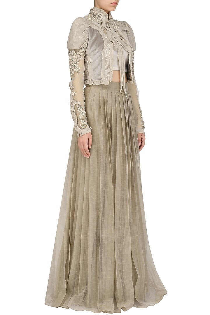 Dusky beige ruffled jacket with blouse and skirt set available only at Pernia's Pop Up Shop.