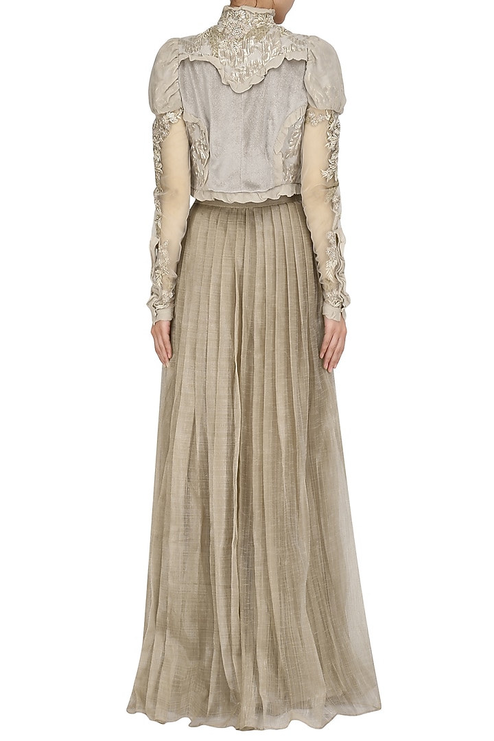 Dusky beige ruffled jacket with blouse and skirt set available only at Pernia's Pop Up Shop.