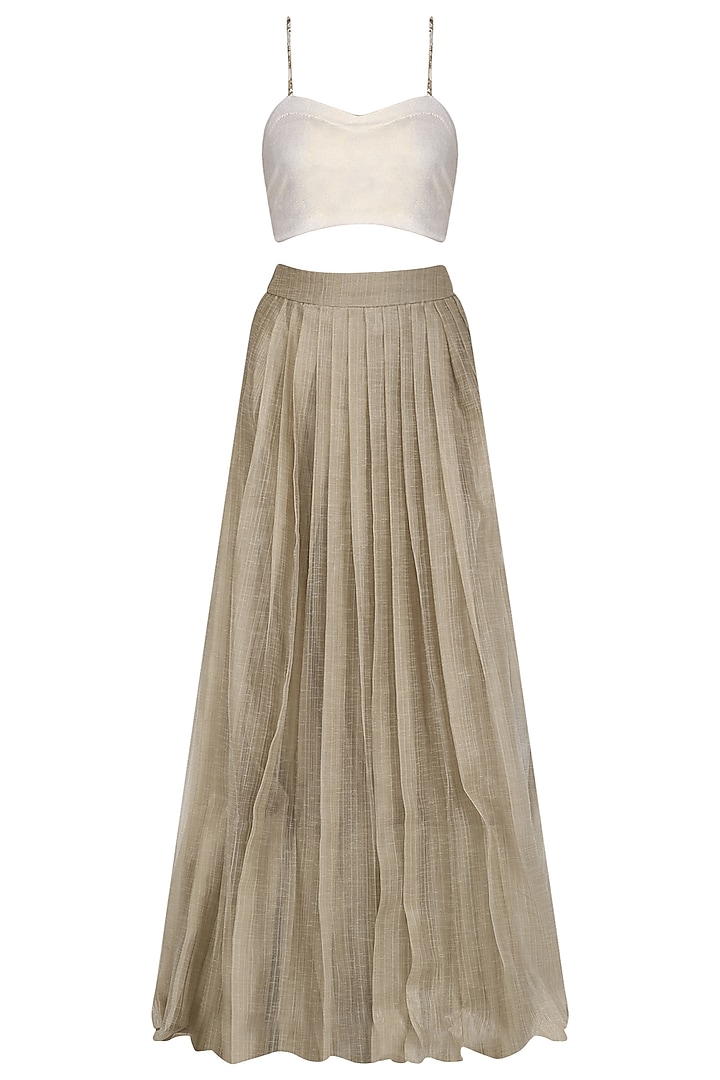 Dusky beige ruffled jacket with blouse and skirt set available only at Pernia's Pop Up Shop.