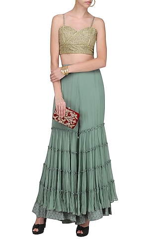 Green Layered Sharara with Embroidered Bralette by Nandita Thirani