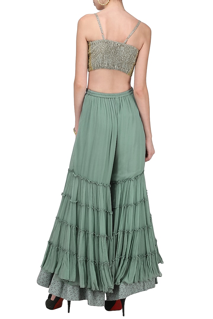 Green layered sharara with embroidered bralette available only at Pernia's Pop Up Shop.