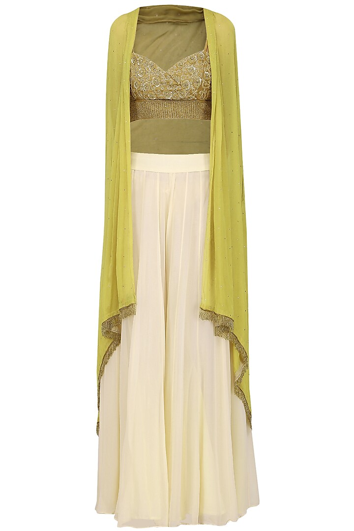 Beige Embroidered Bralette with Palazzo Pants and High Low Jacket by Nandita Thirani