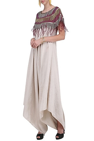 Cream Jumpsuit with Wine Tassels Cape by Nandita Thirani