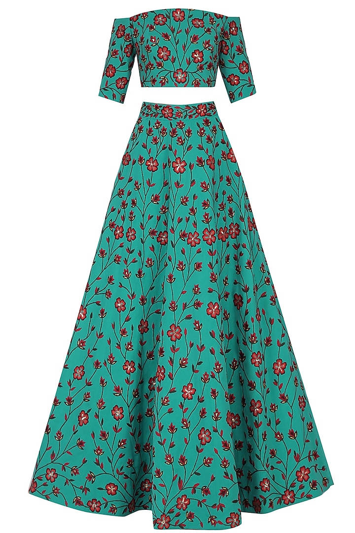 Teal Off Shoulder Floral Embroidered Lehenga Set by Nikhil Thampi