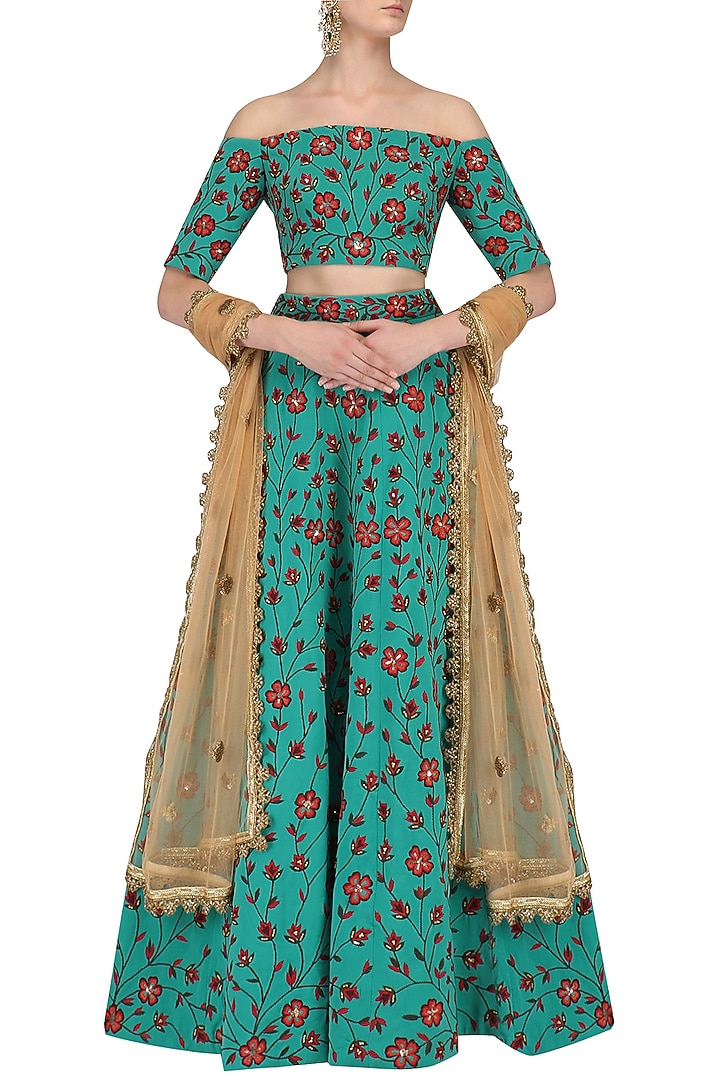 Teal Off Shoulder Floral Embroidered Lehenga Set available only at Pernia's Pop Up Shop.
