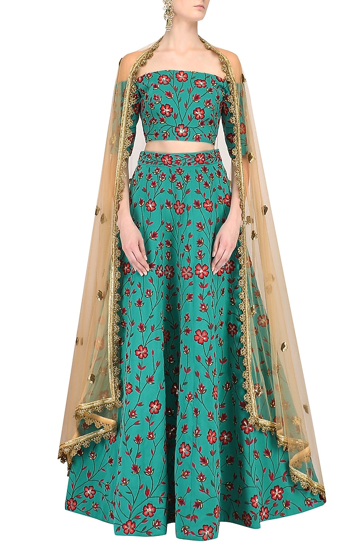 Teal Off Shoulder Floral Embroidered Lehenga Set available only at Pernia's Pop Up Shop.
