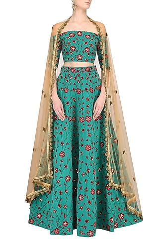 Teal Off Shoulder Floral Embroidered Lehenga Set by Nikhil Thampi