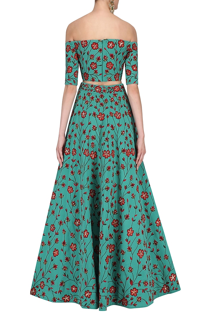 Teal Off Shoulder Floral Embroidered Lehenga Set available only at Pernia's Pop Up Shop.