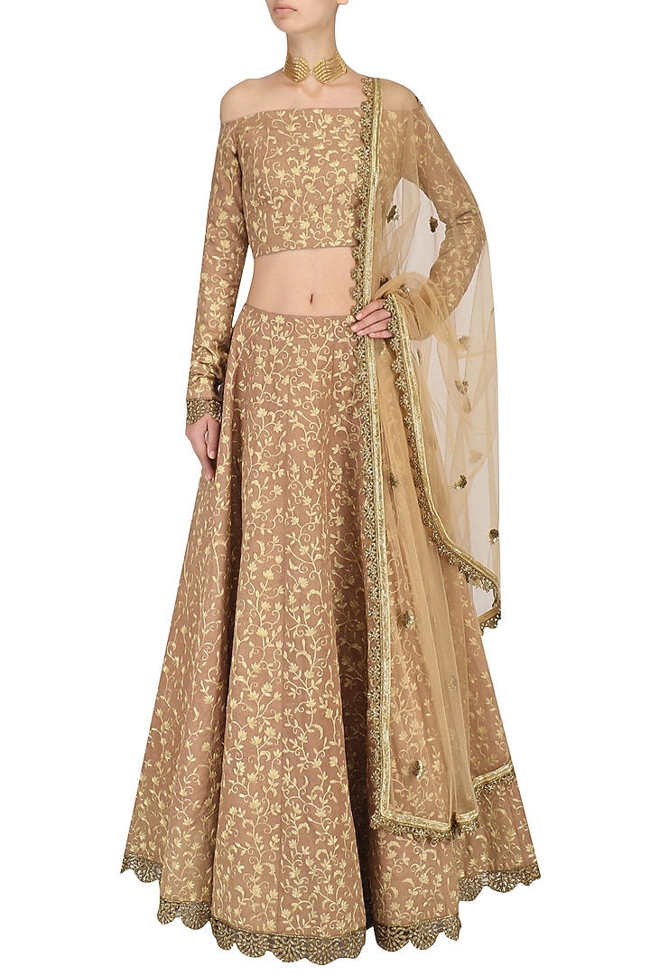 Onion Pink Embroidered Crop Top and Lehenga Set available only at Pernia's Pop Up Shop.