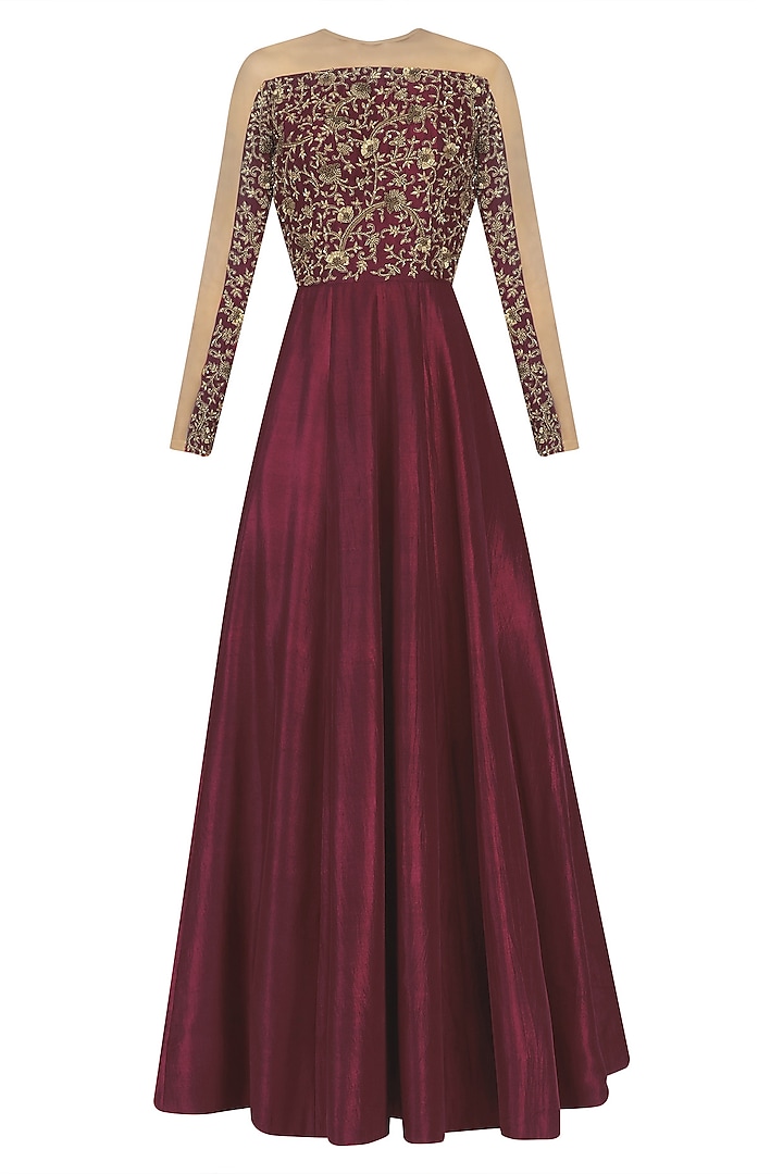 Maroon and nude Embroidered Anarkali set available only at Pernia's Pop ...