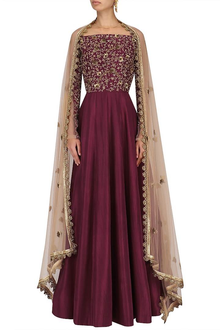 Maroon and nude Embroidered Anarkali set available only at Pernia's Pop Up Shop.