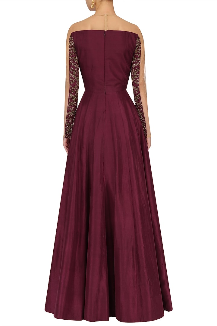 Maroon and nude Embroidered Anarkali set available only at Pernia's Pop Up Shop.