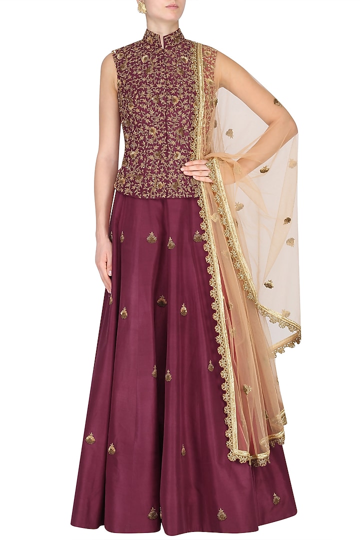 Maroon Butta Anarkali with Embroidered Waist Coat available only at Pernia's Pop Up Shop.