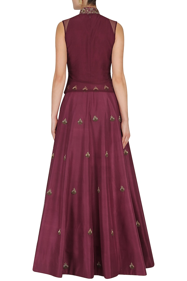 Maroon Butta Anarkali with Embroidered Waist Coat available only at Pernia's Pop Up Shop.
