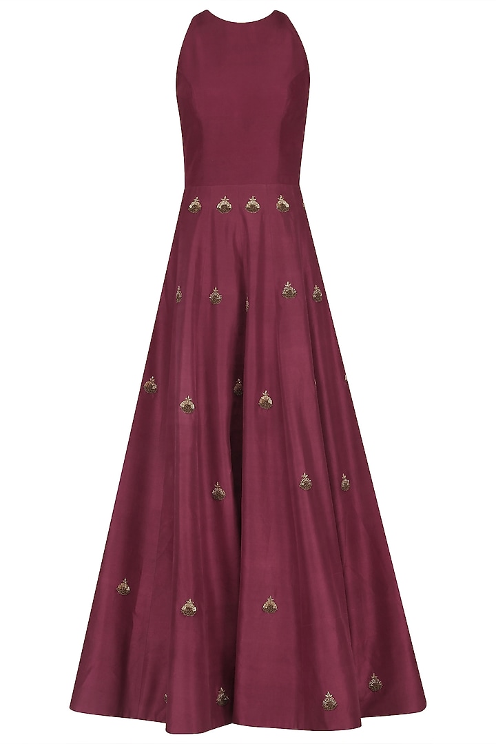 Maroon Butta Anarkali with Embroidered Waist Coat available only at Pernia's Pop Up Shop.