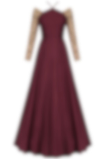 Maroon and Nude Embroidered Cross Neck Anarkali by Nikhil Thampi
