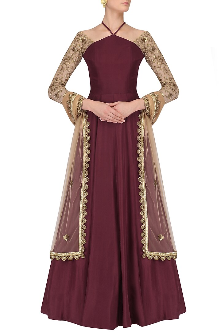 Maroon and nude embroidered Cross Neck Anarkali available only at Pernia's Pop Up Shop.