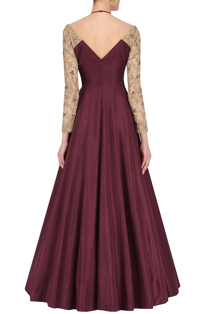 Maroon and nude embroidered Cross Neck Anarkali available only at Pernia's Pop Up Shop.