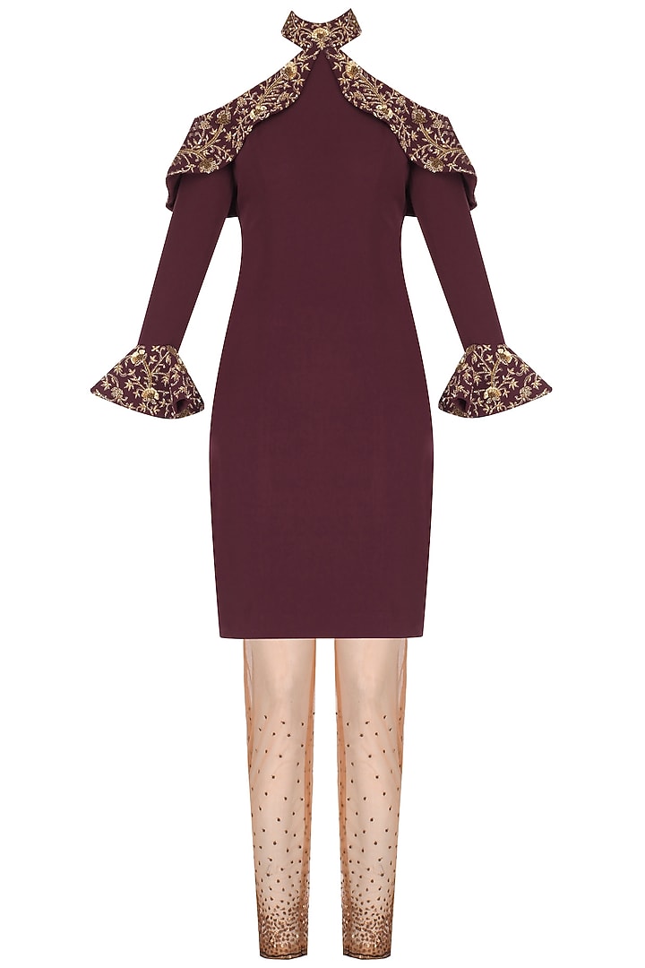 Maroon Cold Shoulder Frill Kurta with Embroidered Churidaar available only at Pernia's Pop Up Shop.