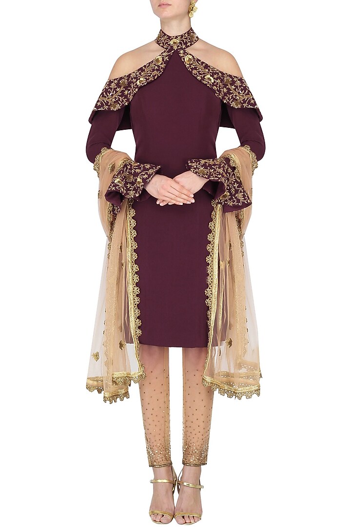 Maroon Cold Shoulder Frill Kurta with Embroidered Churidaar available only at Pernia's Pop Up Shop.