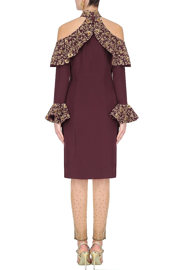 Maroon Cold Shoulder Frill Kurta with Embroidered Churidaar available only at Pernia's Pop Up Shop.