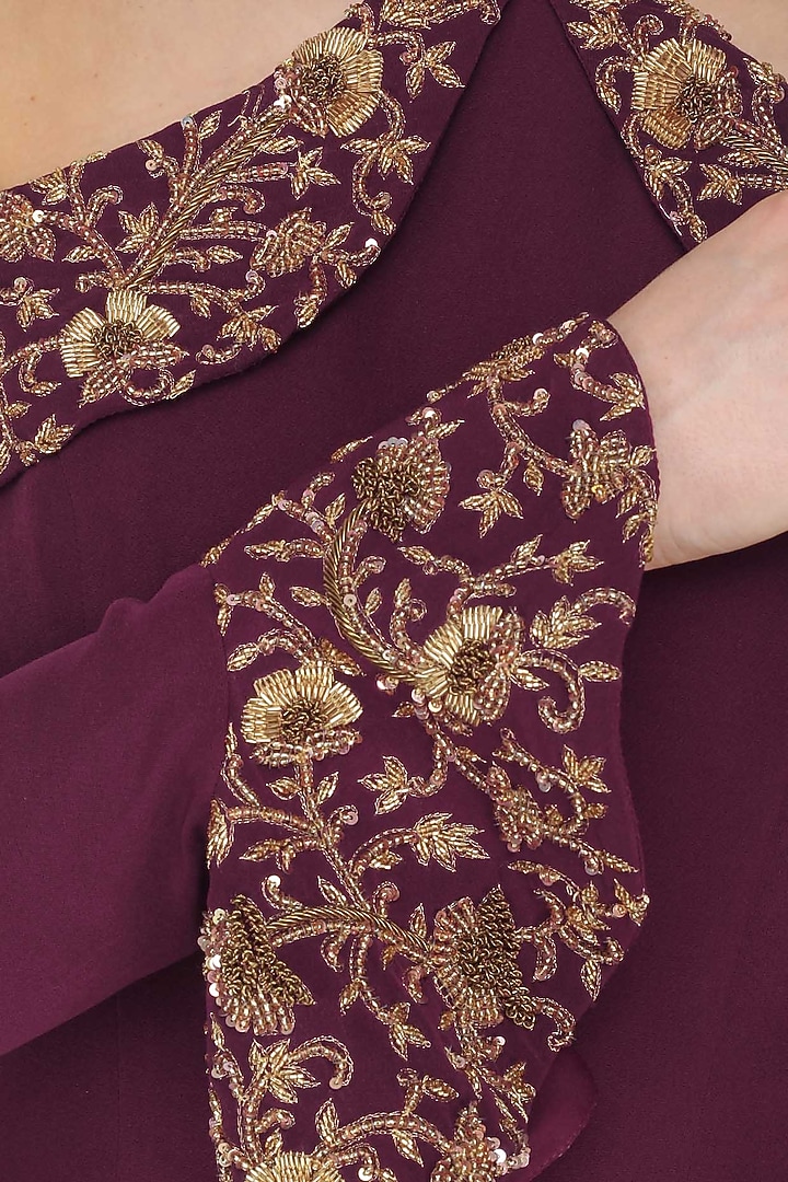 Maroon Cold Shoulder Frill Kurta with Embroidered Churidaar available only at Pernia's Pop Up Shop.
