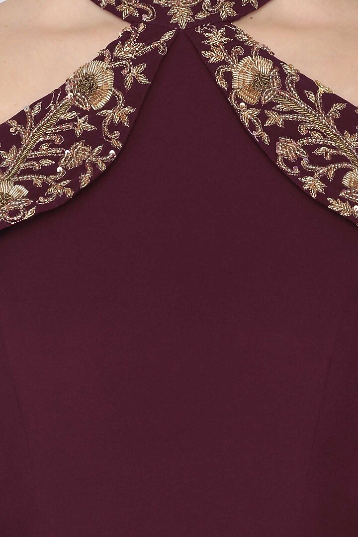 Maroon Cold Shoulder Frill Kurta with Embroidered Churidaar available only at Pernia's Pop Up Shop.