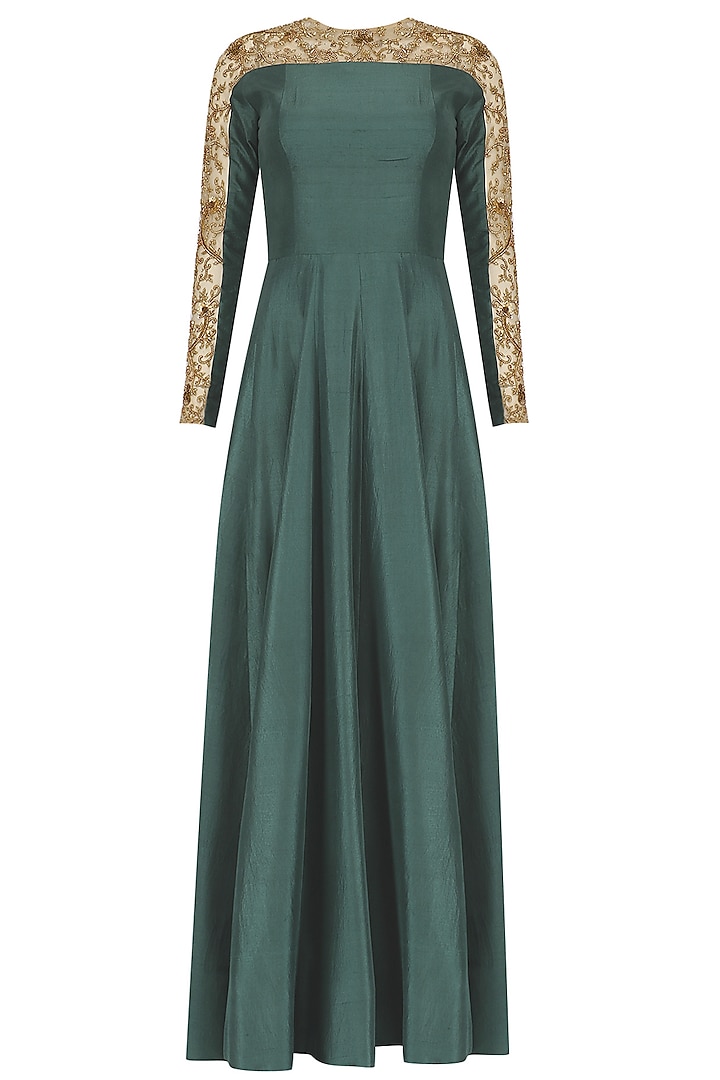 Teal and Nude Embroidered Anarkali Set by Nikhil Thampi