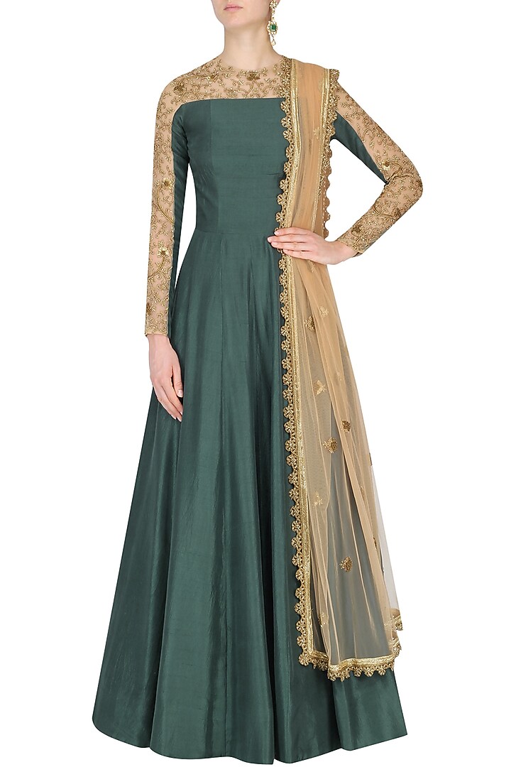 Teal and nude Embroidered Anarkali set available only at Pernia's Pop Up Shop.
