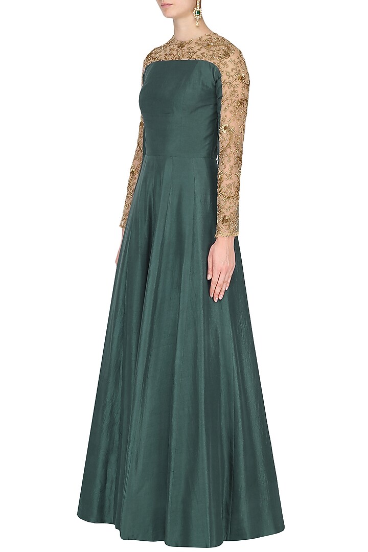Teal and nude Embroidered Anarkali set available only at Pernia's Pop Up Shop.