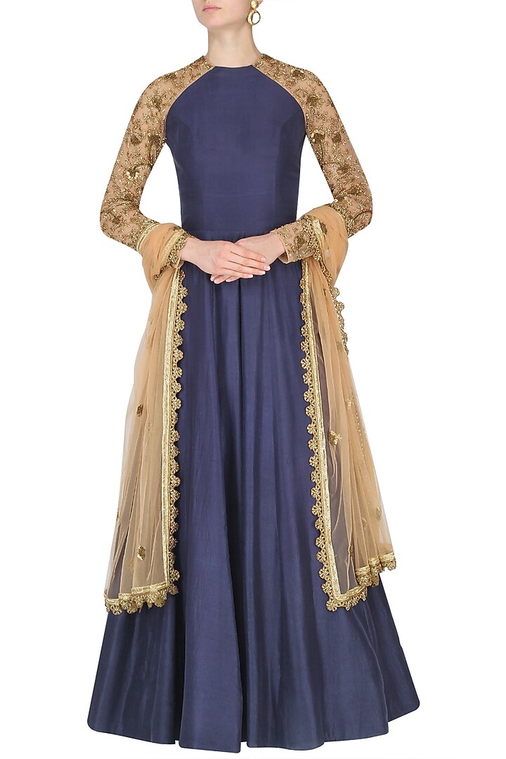 Blue and nude embroidered Raglan Sleeves Anarkali set available only at Pernia's Pop Up Shop.