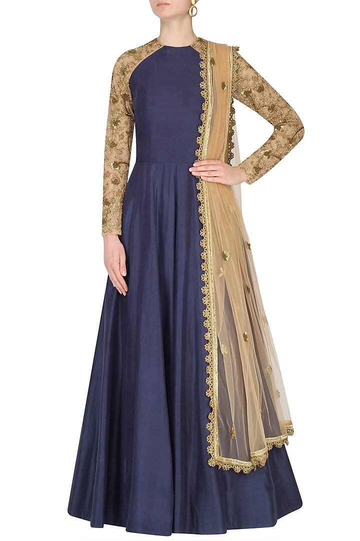 Blue and nude embroidered Raglan Sleeves Anarkali set available only at Pernia's Pop Up Shop.