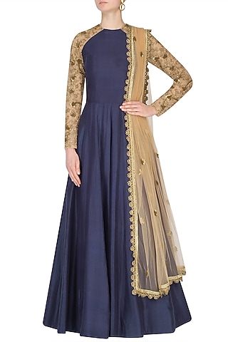 Blue and Nude Embroidered Raglan Sleeves Anarkali Set by Nikhil Thampi