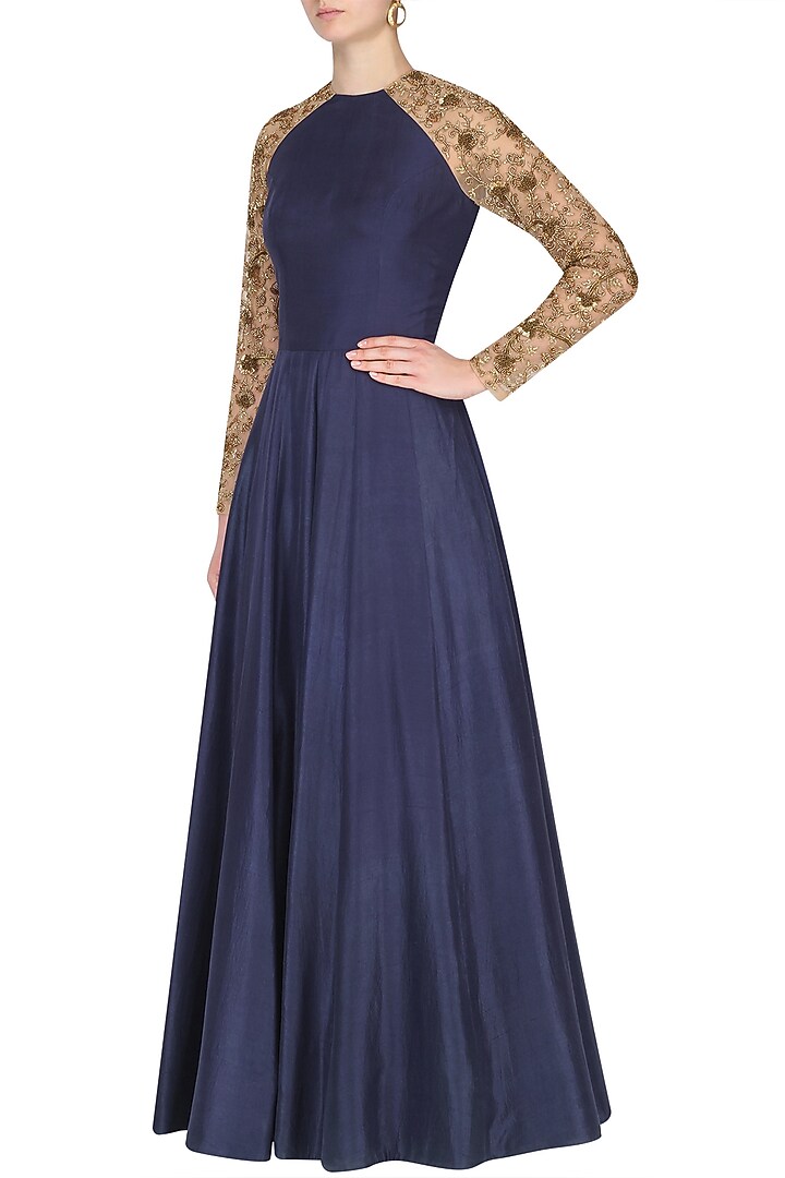 Blue and nude embroidered Raglan Sleeves Anarkali set available only at Pernia's Pop Up Shop.