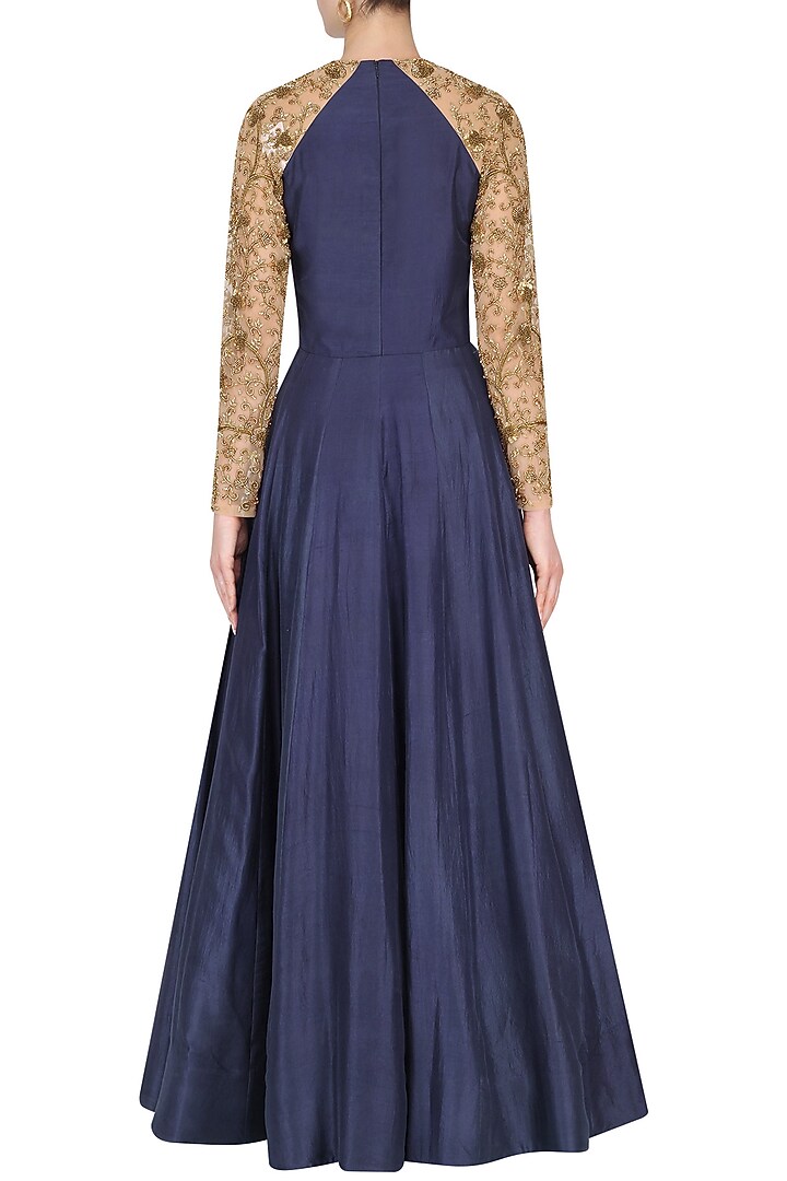 Blue and nude embroidered Raglan Sleeves Anarkali set available only at Pernia's Pop Up Shop.
