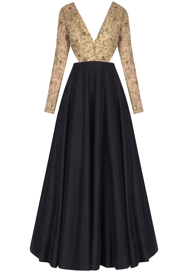 Black and nude V Neck Waist Cut Out Embroidered Anarkali set available only at Pernia's Pop Up Shop.