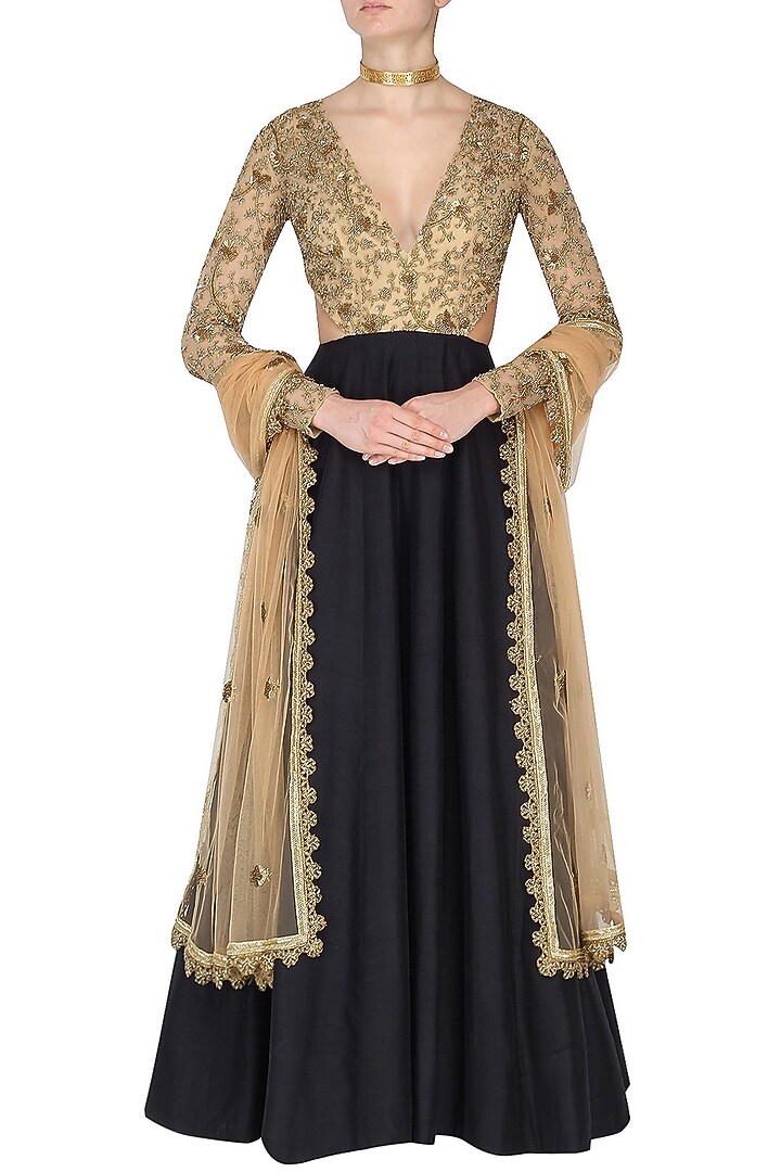 Black and nude V Neck Waist Cut Out Embroidered Anarkali set available only at Pernia's Pop Up Shop.