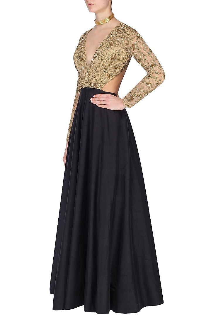 Black and nude V Neck Waist Cut Out Embroidered Anarkali set available only at Pernia's Pop Up Shop.