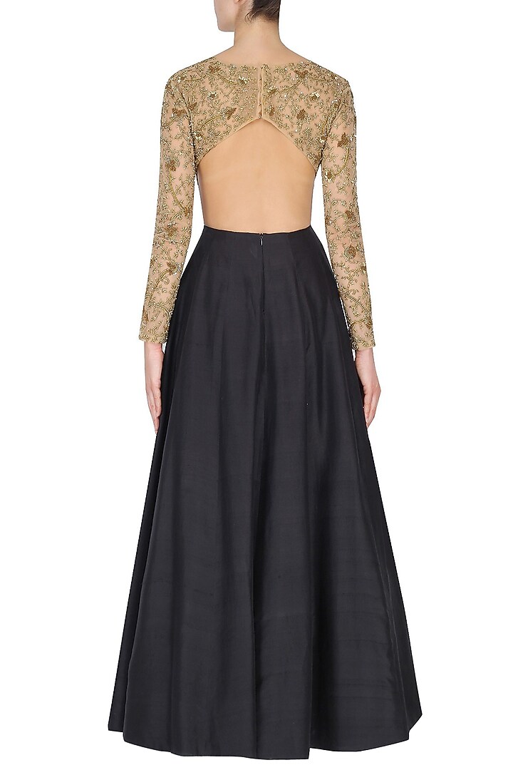 Black and nude V Neck Waist Cut Out Embroidered Anarkali set available only at Pernia's Pop Up Shop.