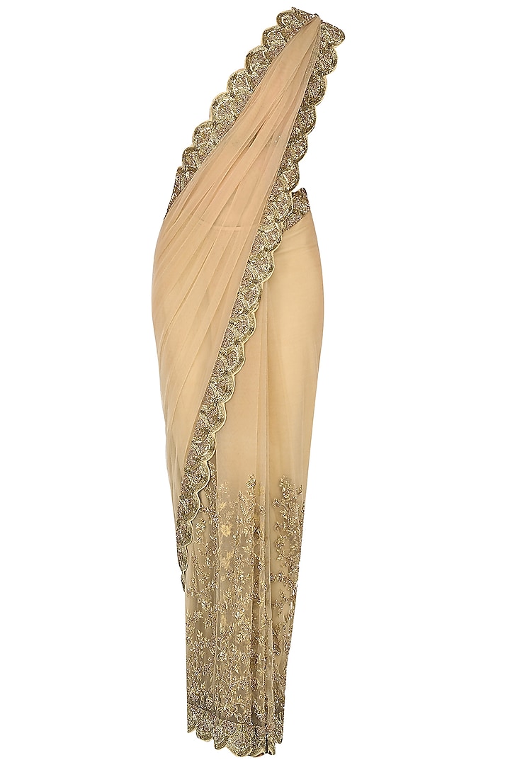Nude Hand Embroidered Saree with Emebellished Scallop Border by Nikhil Thampi